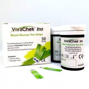 Caja y frasco de 50 tiras de glucosa VivaChek Ino