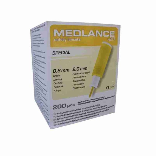 Medlance Plus Special, vista frontal oblicua del mismo envase de 200 unidades