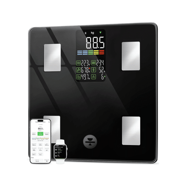 Balanza OPTIMA CS20W junto a una representación de la aplicación en un celular