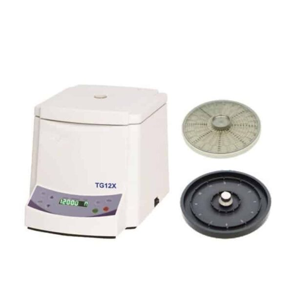 Microcentrífuga con rótulo TG12X y componentes mostrados en la fotografía original de Medmedic