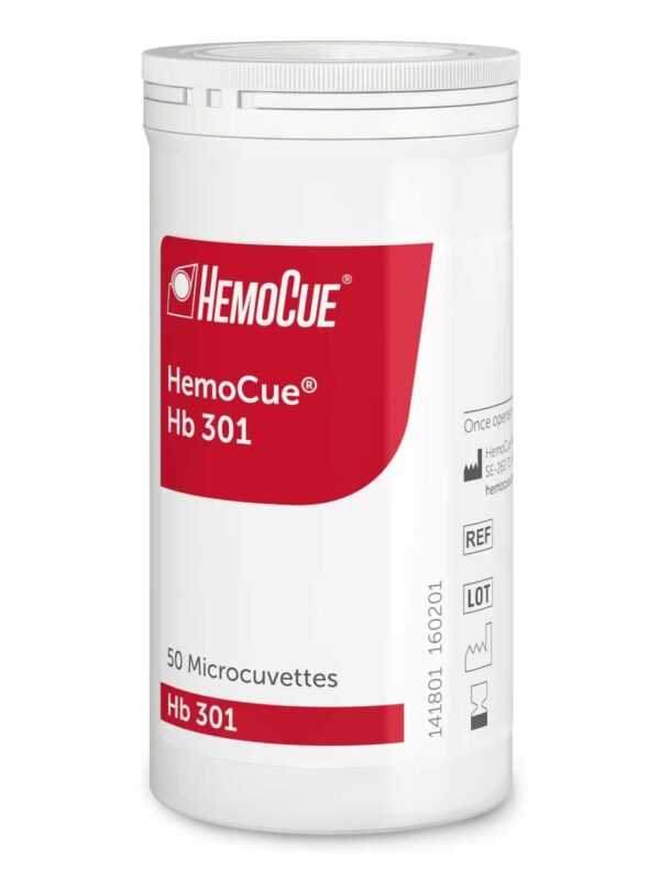 Frasco de 50 microcubetas HemoCue Hb 301 que forma parte de la presentación