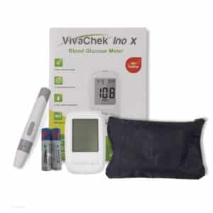 Glucómetro VivaChek Ino X, caja y accesorios del equipo