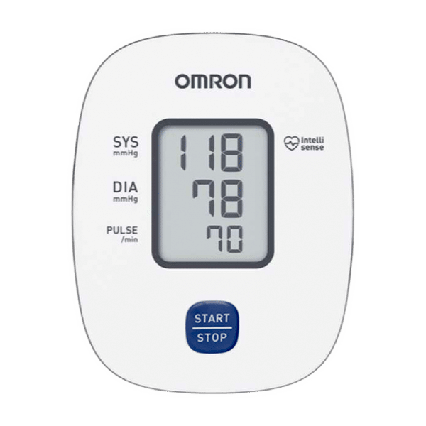 Vista frontal del tensiómetro Omron HEM-7121J con pantalla y botón azul