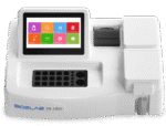 Vista frontal del Bioelab ES-101C con pantalla y posiciones de muestras