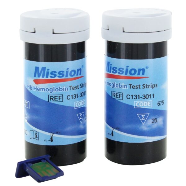 Frascos de 25 tiras Mission Hb y chip de codificación