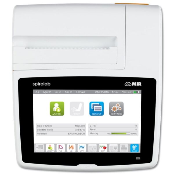 MIR Spirolab, vista superior del equipo y menú de la pantalla táctil
