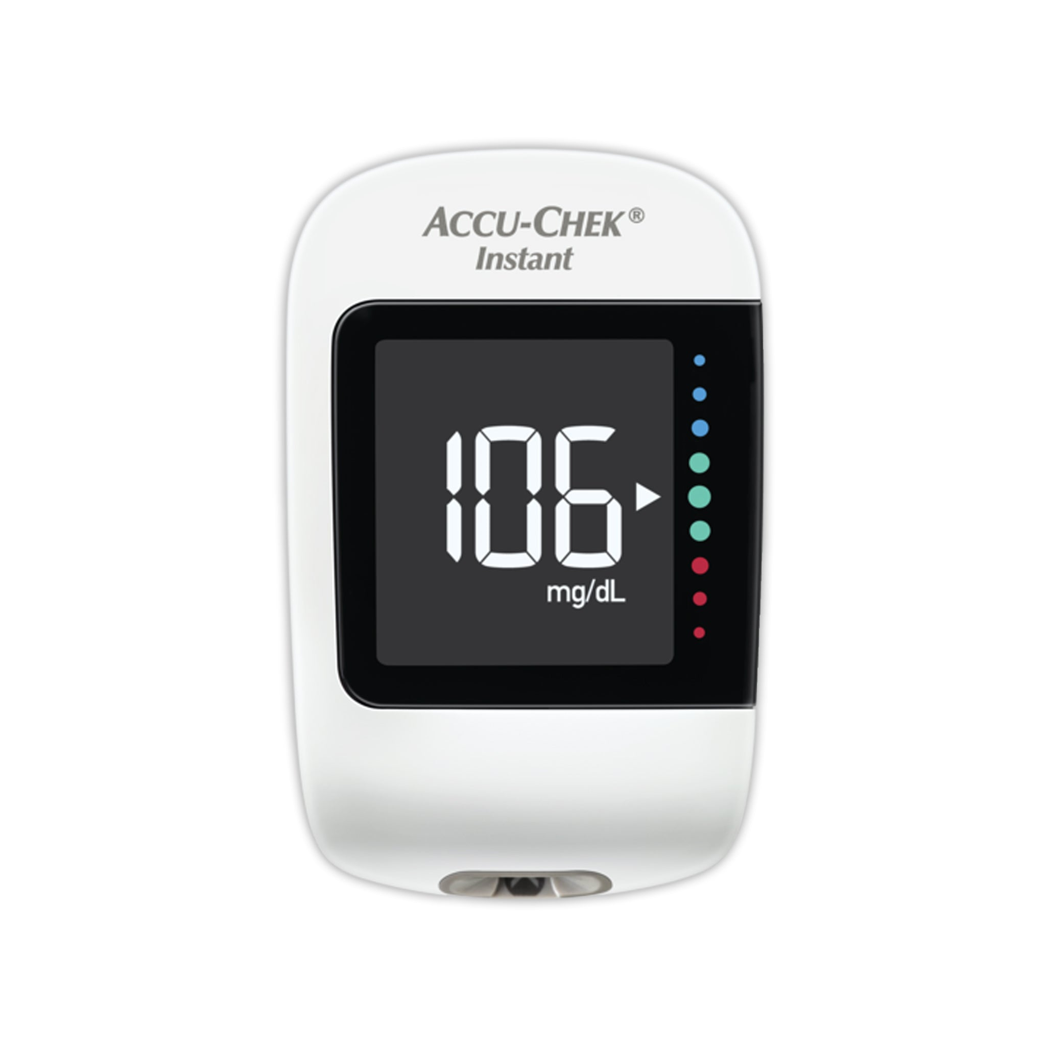 Glucómetro Accu-Chek Instant, vista frontal con lectura en mg/dL