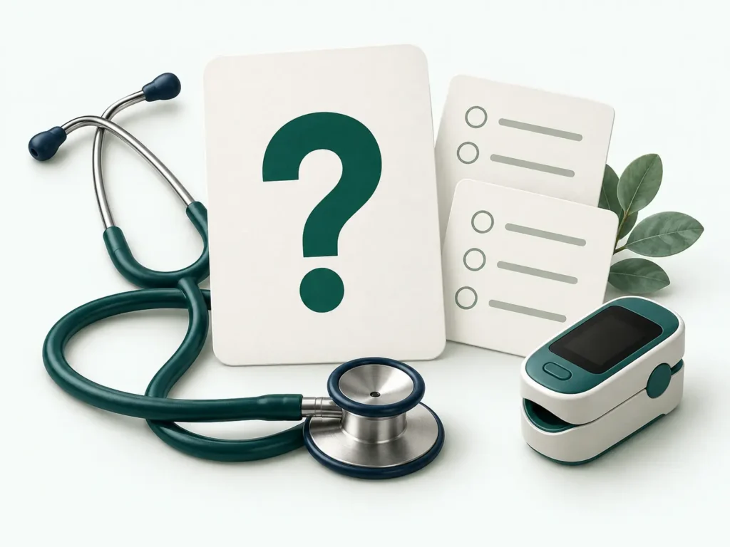 Tarjetas de preguntas junto a un estetoscopio y un oxímetro: Reto Medmedic