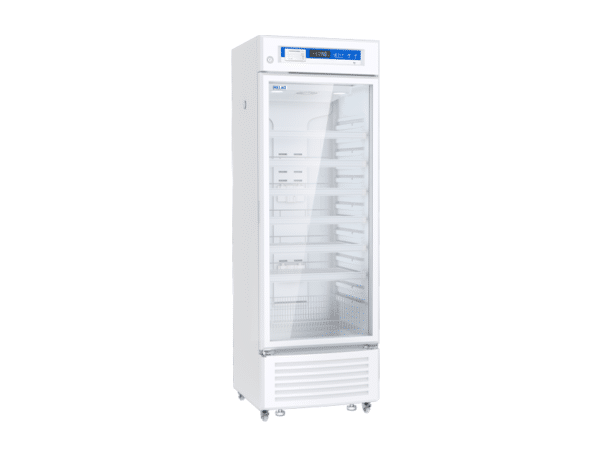 Refrigerador Meling YC-395L en vista lateral con puerta de vidrio