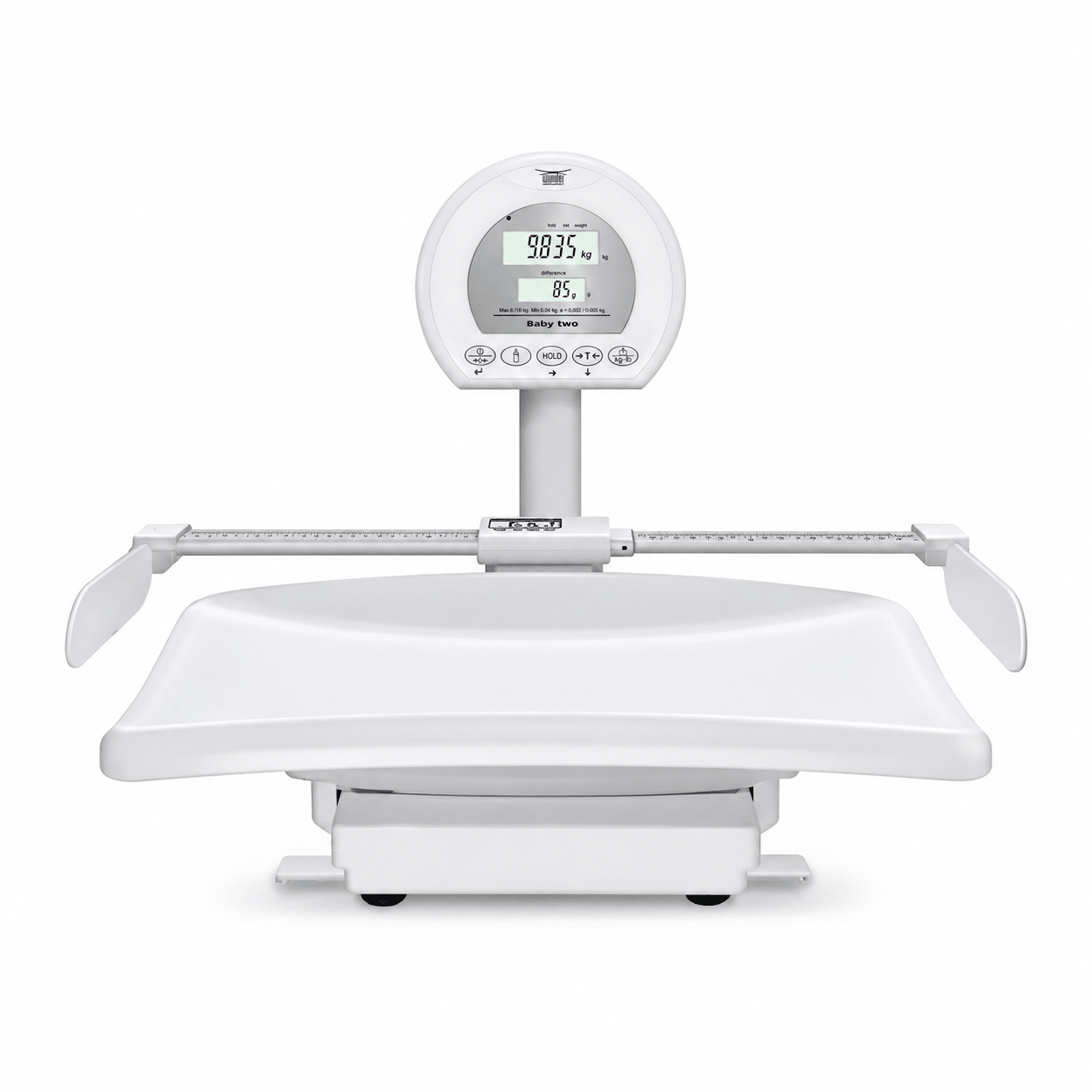 Balanza Digital Pediátrica Wunder Baby 02 — vista principal Balanza digital pediátrica Wunder Baby 02 con bandeja, tallímetro y pantalla digital, sobre fondo blanco