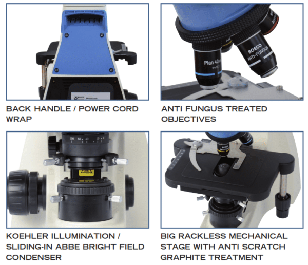 Detalles reales del Boeco BM700: asa posterior, objetivos, iluminación y platina