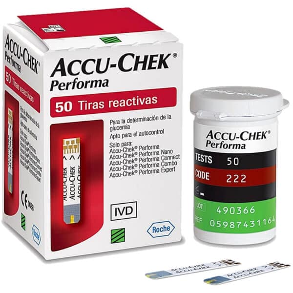 Accu-Chek Performa de 50 tiras, vista de caja, frasco y tiras individuales