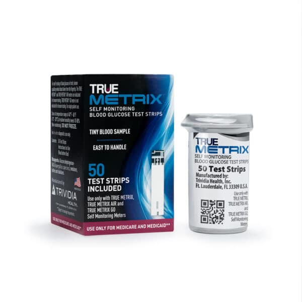 Tiras reactivas True Metrix, caja y frasco de 50 unidades