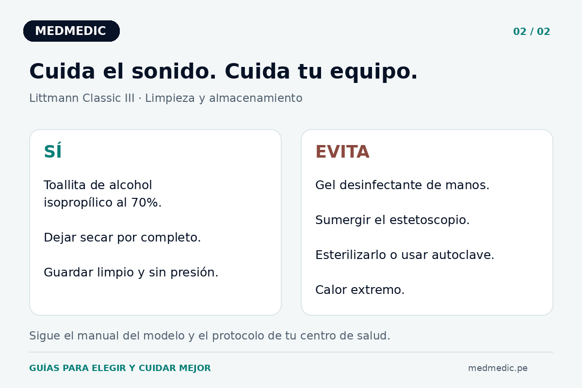 Usar alcohol isopropílico al 70% y secar; evitar gel de manos, inmersión, esterilización, autoclave y calor extremo.