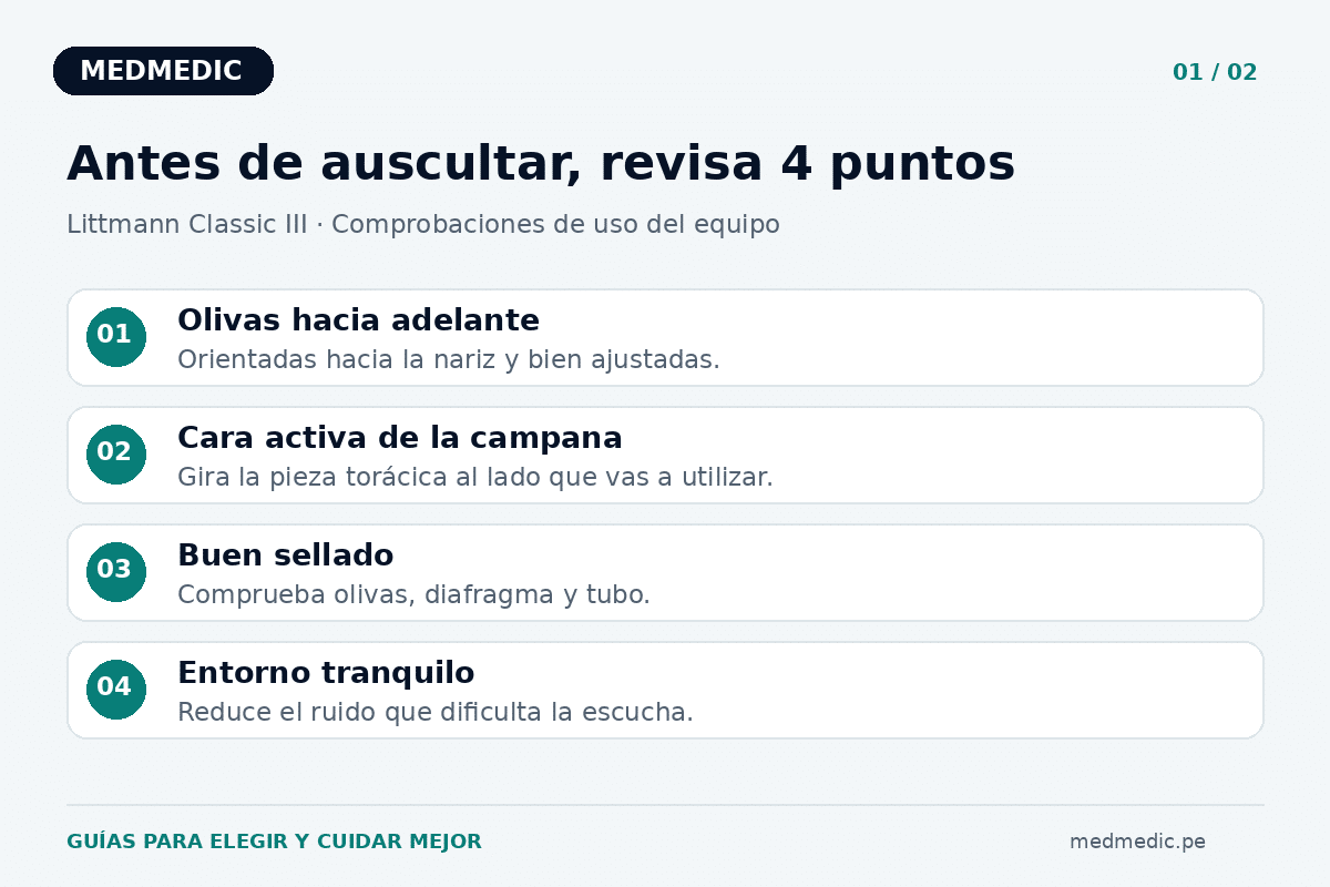 Revisar olivas orientadas hacia la nariz, cara activa de la campana, buen sellado y un entorno tranquilo.