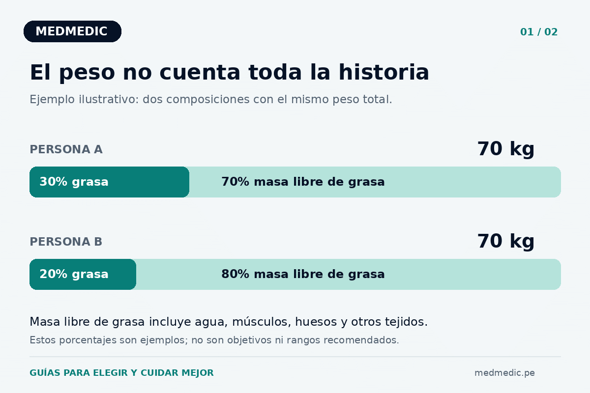 Dos ejemplos de personas de 70 kg con distinta proporción de grasa y masa libre de grasa; los porcentajes no son objetivos recomendados.