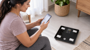 Mujer consultando su teléfono junto a una balanza de composición corporal en casa