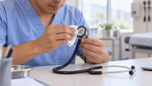 Profesional de salud limpiando la membrana de un estetoscopio Littmann Classic III