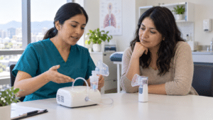 Profesional de salud asesora a una paciente sobre nebulizadores en un consultorio.