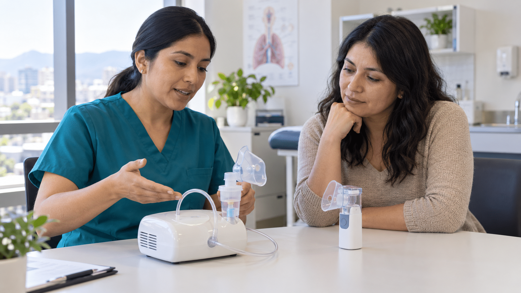 Profesional de salud asesora a una paciente sobre nebulizadores en un consultorio.