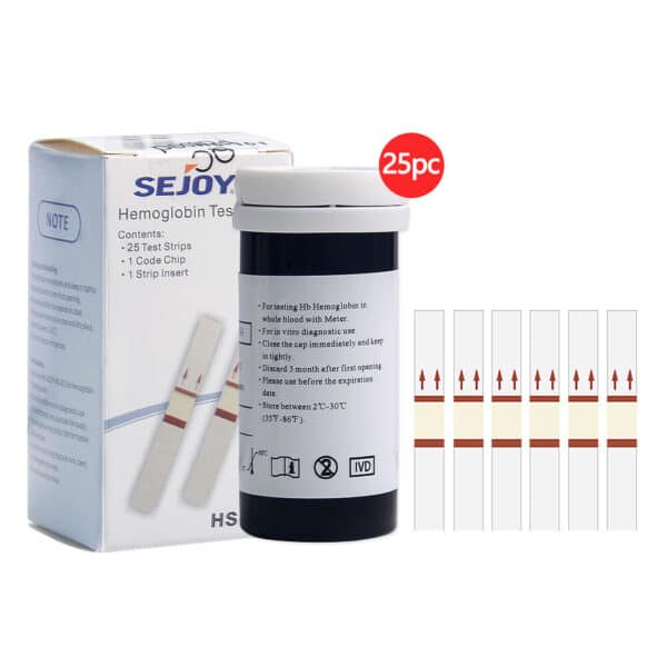 Caja y reverso del vial de 25 tiras de hemoglobina HS-101 del fabricante Sejoy