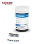 Vial Sinocare Safe-Accu y detalle de sus tiras para glucosa