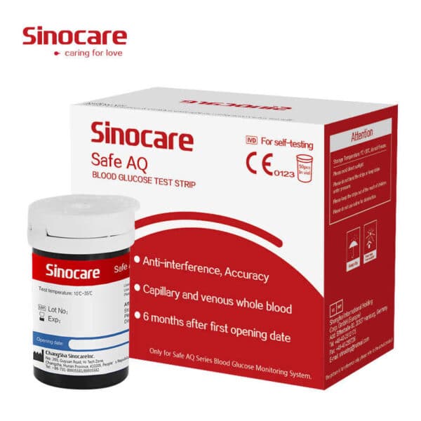 Frasco y caja de tiras reactivas Sinocare Safe AQ