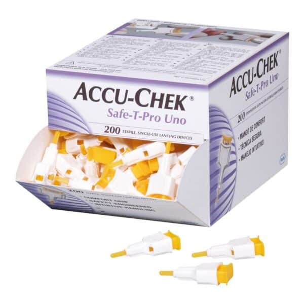Caja abierta de Accu-Chek Safe-T-Pro Uno con lancetas individuales